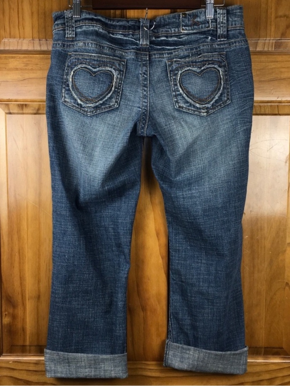 Hydraulic Women's Cropped Jeans in Distressed Blue with Heart Back Pockets